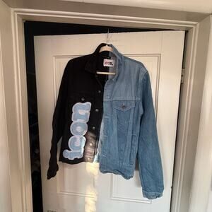 icon. Two-Tone Patchwork Denim Jacket with Tiger and Lettering Patches